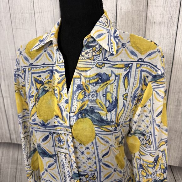 Calypso St. Barth Women's Small Bright Lemon Long Sleeve Button-Front Top - Picture 2 of 6